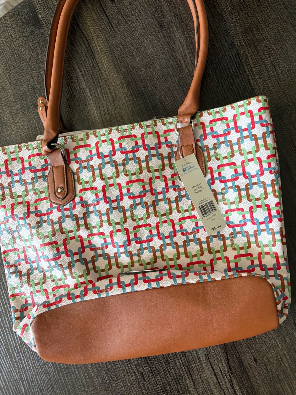 Rosetti Multicolor Chain-Link Pattern Tote with Tan Accents